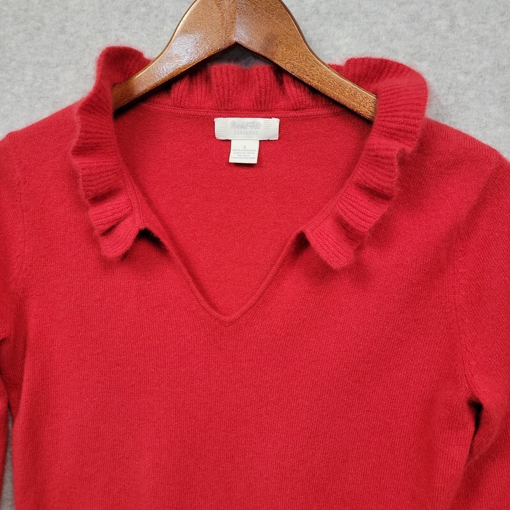 Marshall Fields Cashmere Knit Ruffle V-neck Sweater Red Feminine Womens Sz S - Picture 2 of 13